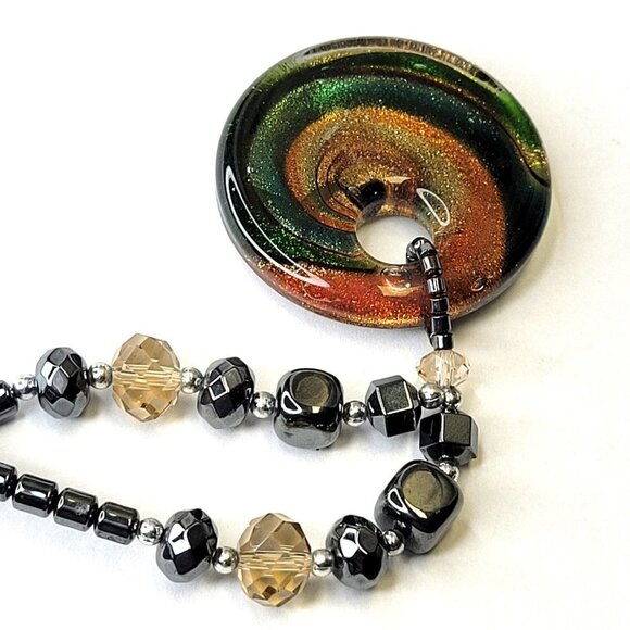 Hematite Necklace Murano Glass Rainbow Twirl Pendant - Picture 9 of 15